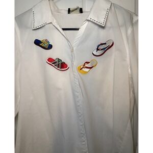Get Lucky Shirt Womens Medium Flip Flop Embroidered Rhinestone Button Up Padded